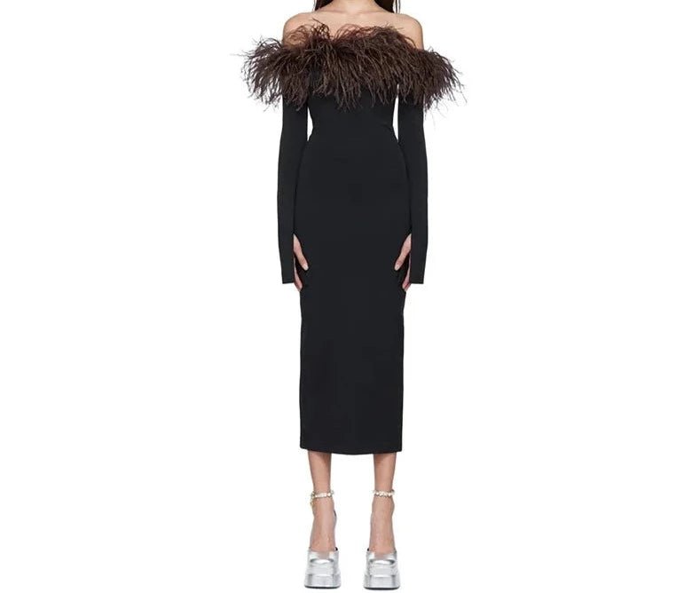 ostrich feather midi dress Andreeva LEMON KNIT DRESS WITH REAL OSTRICH FEATHER DETAILS