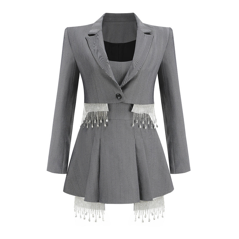 "Gray cropped blazer and dress set with crystal fringe detailing"