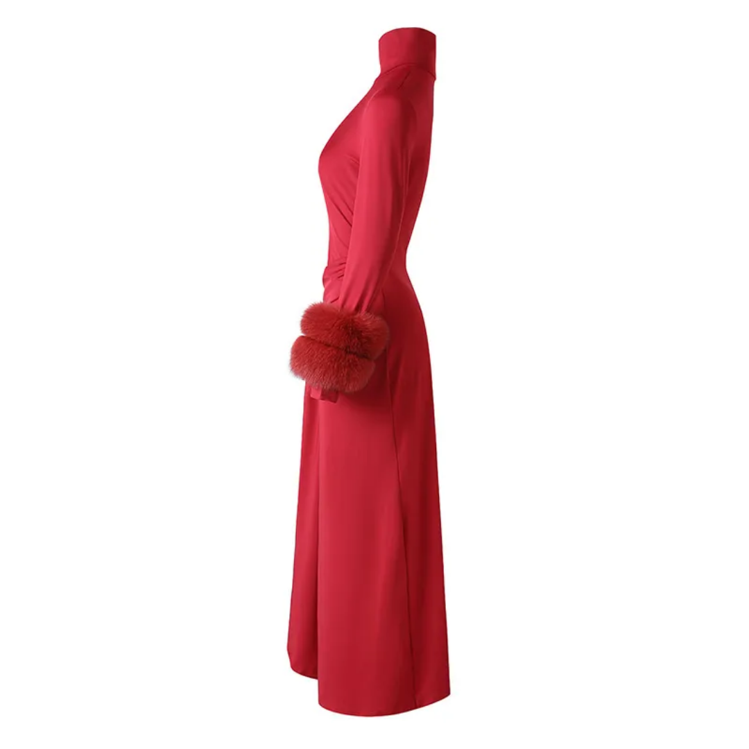 SCARLET FOX FUR CUFF SLEEVE DRESS