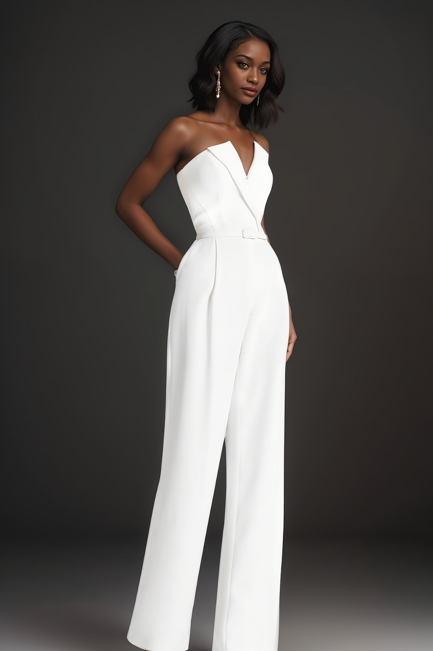 Elegant white jumpsuit with a sheer pearl-embellished bodice and wide-leg pants