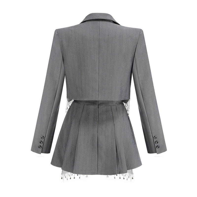 Gray cropped blazer and dress set with crystal fringe detailing