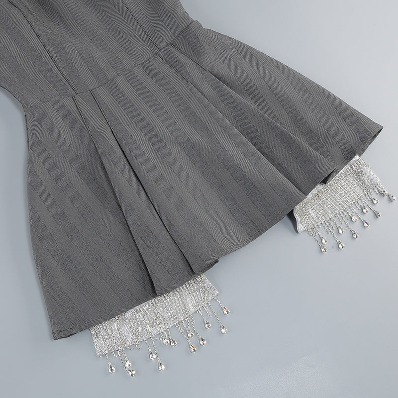 Gray cropped blazer and dress set with crystal fringe detailing