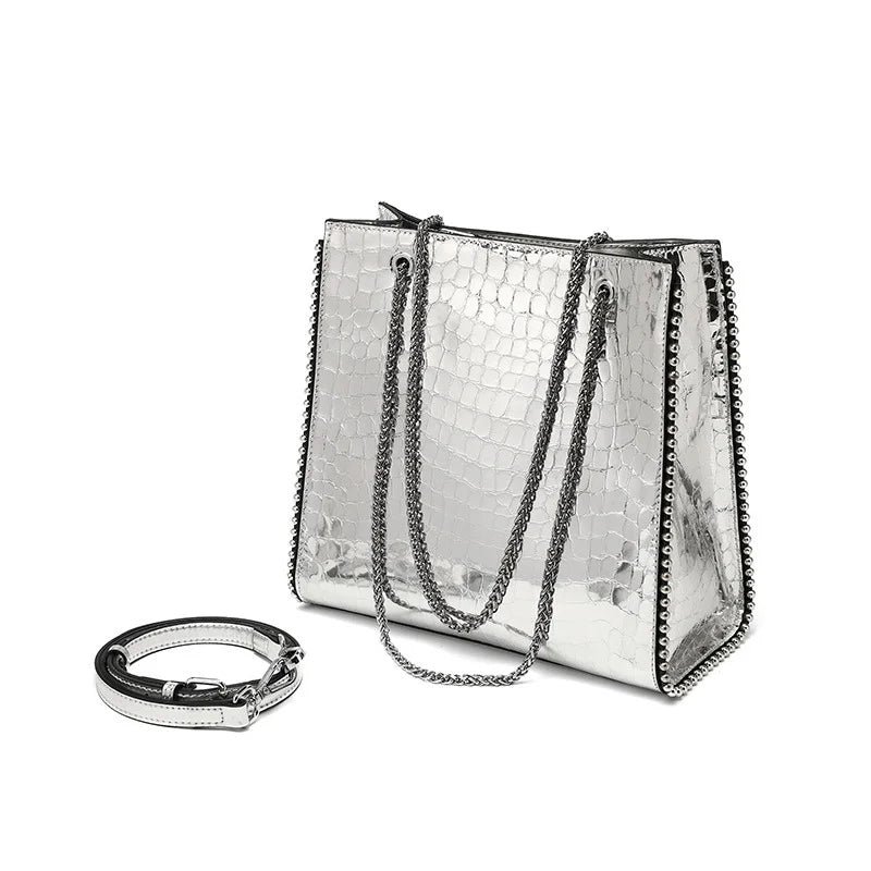 ALEX SHINY COWHIDE CROCODILE TOTE BAG - Michelle Divine Boutique