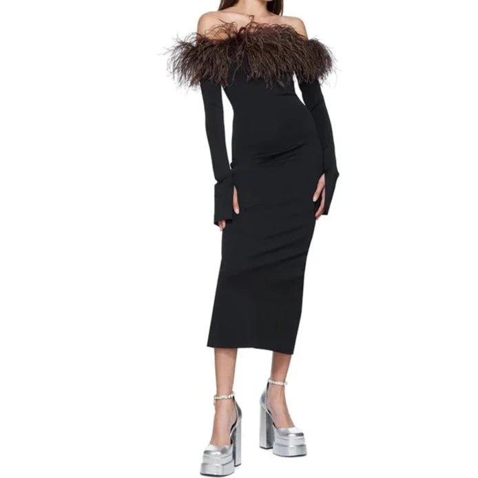 BREA MIDI OSTRICH FEATHER BODYCON DRESS - Michelle Divine Boutique