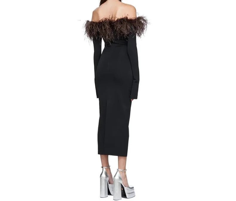 BREA MIDI OSTRICH FEATHER BODYCON DRESS - Michelle Divine Boutique