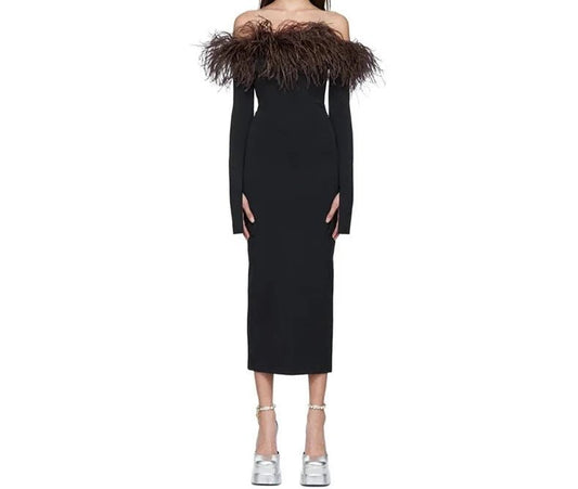 BREA MIDI OSTRICH FEATHER BODYCON DRESS - Michelle Divine Boutique