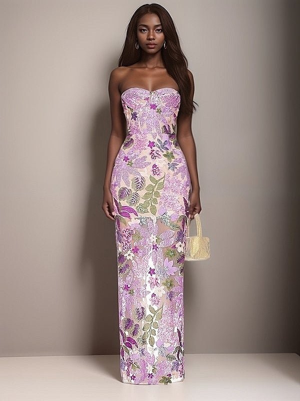 purple tube dress CASSANDRA FLORAL SEQUINED TUBE DRESS S