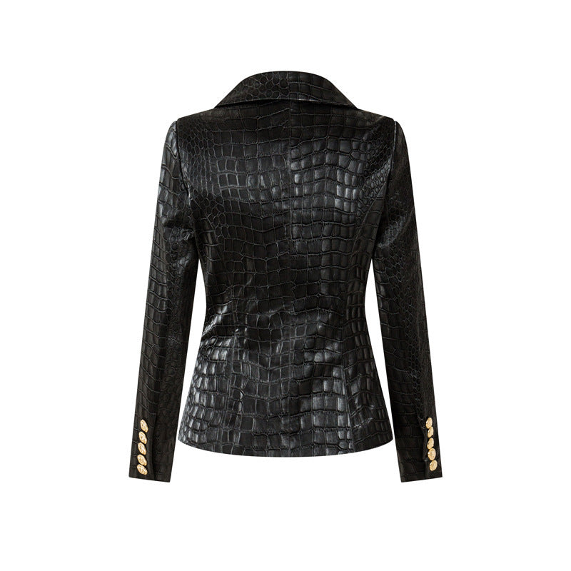 CROC-EMBOSSED VEGAN LEATHER BLAZER