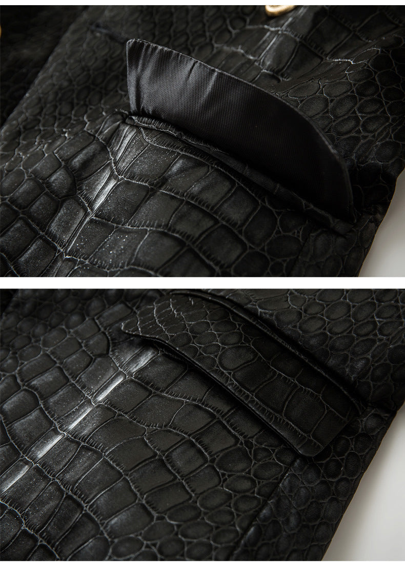 CROC-EMBOSSED VEGAN LEATHER BLAZER