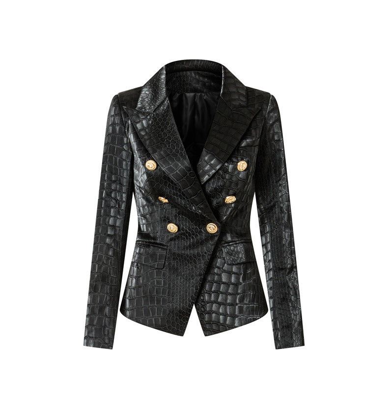 CROC-EMBOSSED VEGAN LEATHER BLAZER